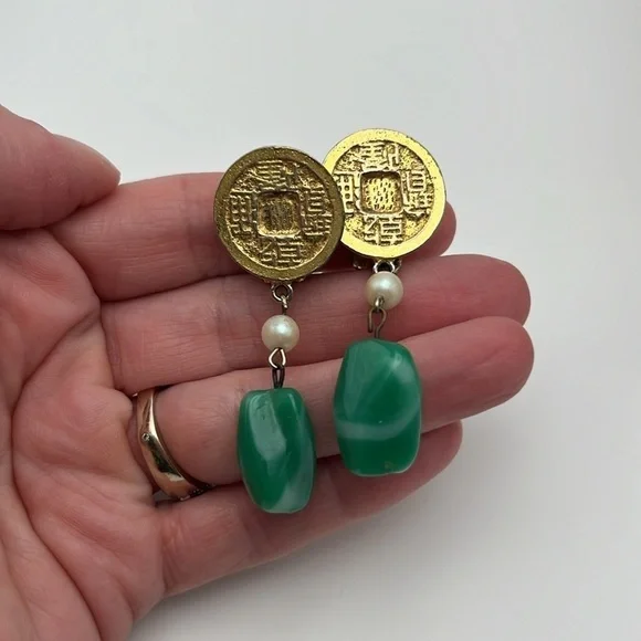 Vintage Kenneth Lane gold tone medallion faux pearl & jade dangly clip earrings